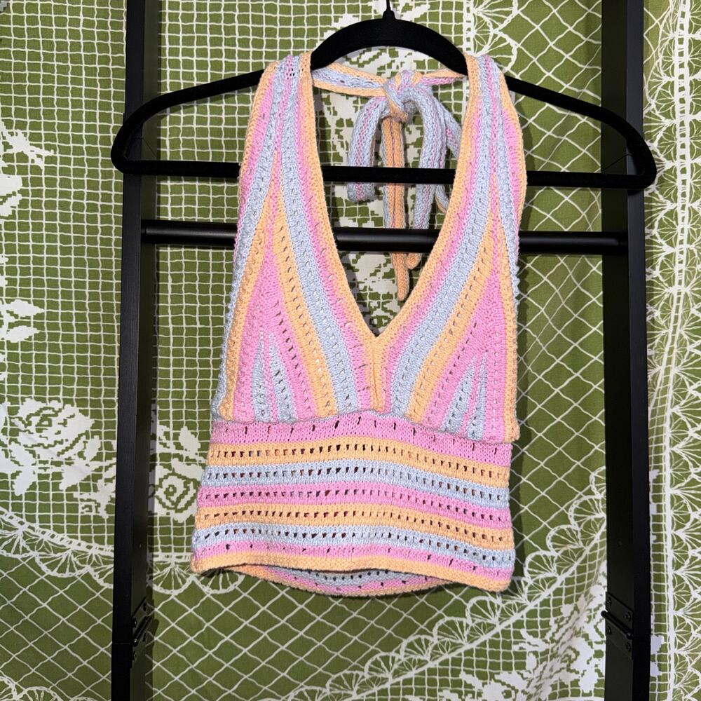 Hollister Pastel Crochet Knit Halter Top Striped Boho Festival Size Small